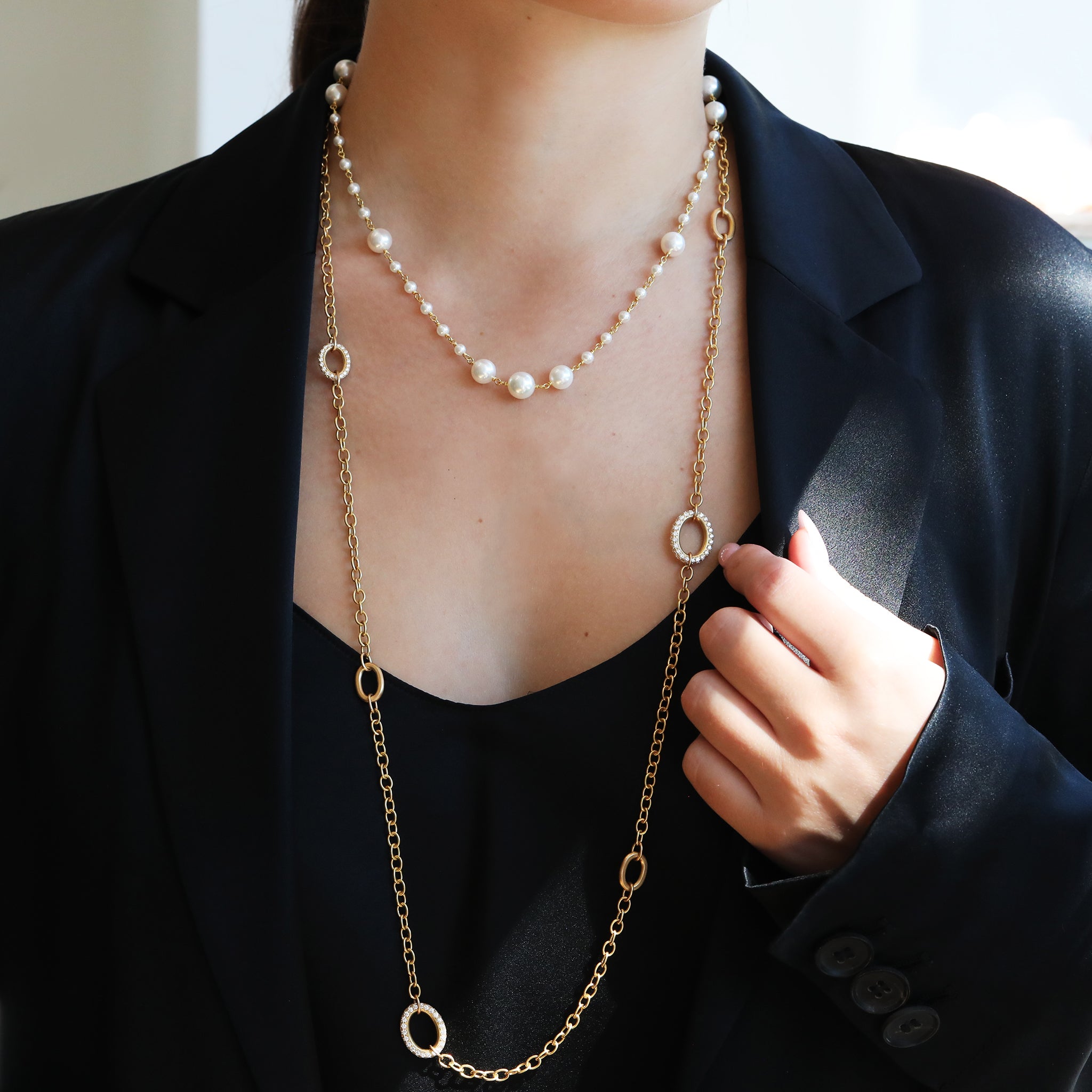 Triple Chain Pearl + Chain Necklace