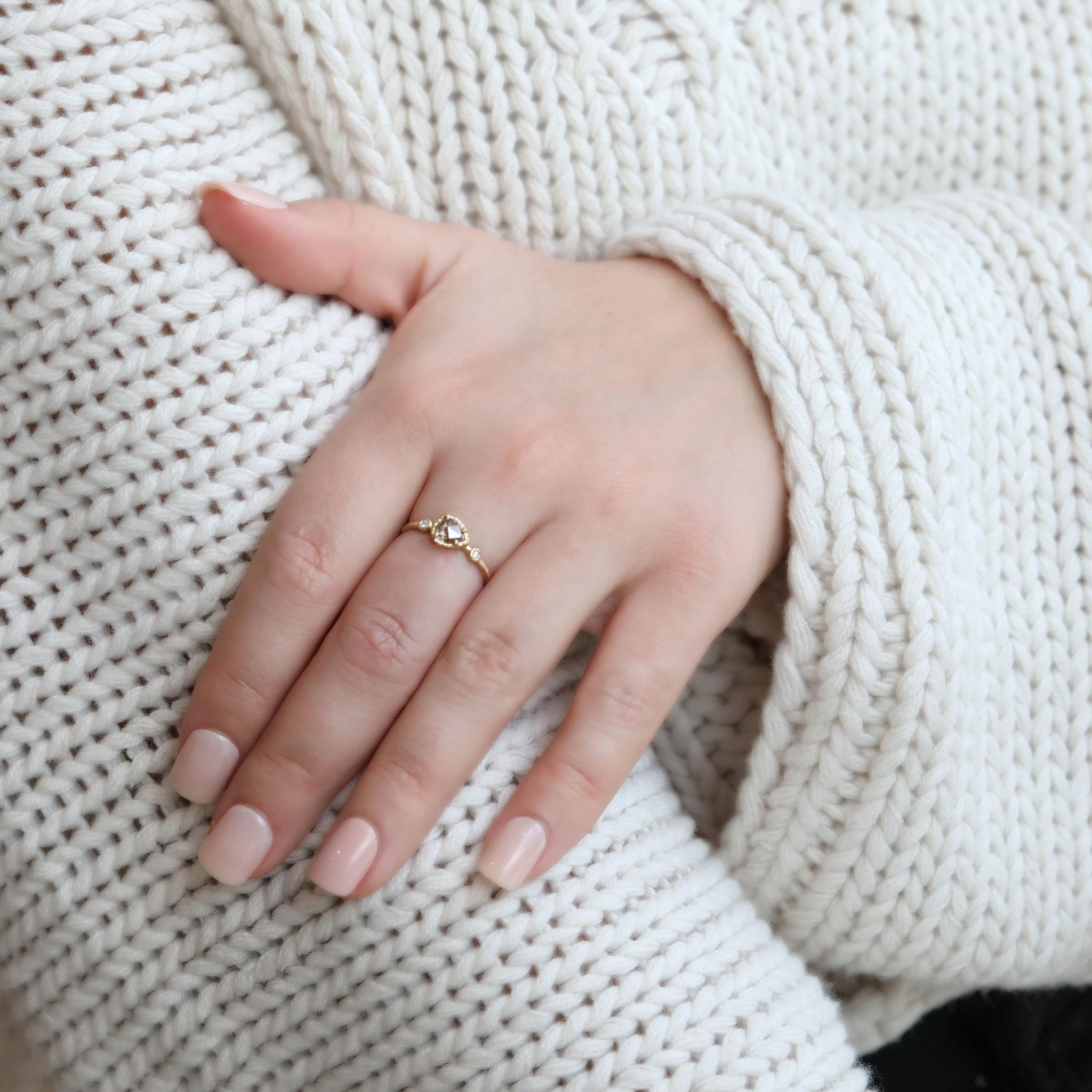 Prong-Set Rose Cut Pear Shaped Light Brown Diamond Ring