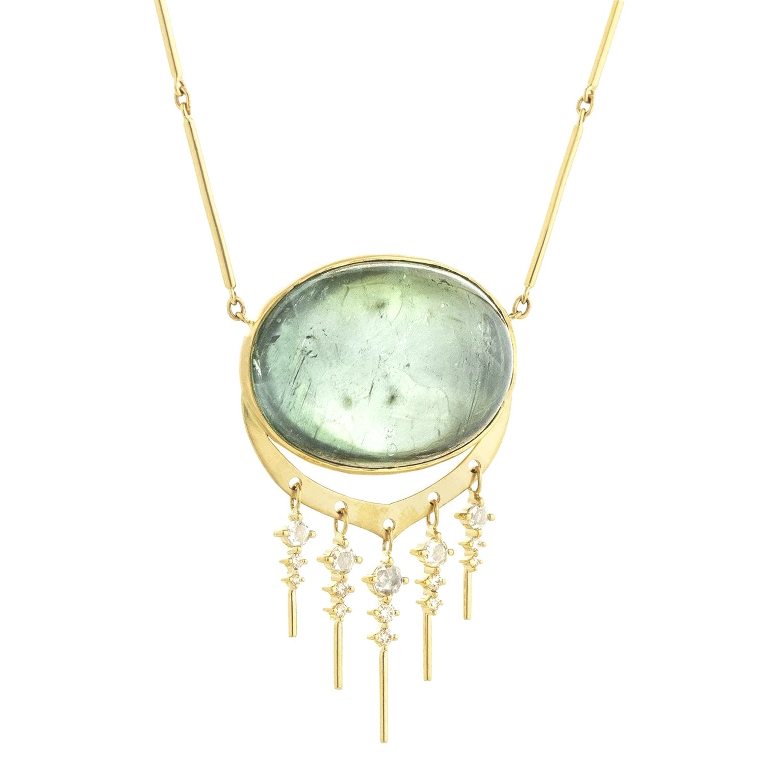 14K Gold Cabochon Oval Green Tourmaline Necklace with Diamond "Fringe" - Peridot Fine Jewelry - Celine Daoust