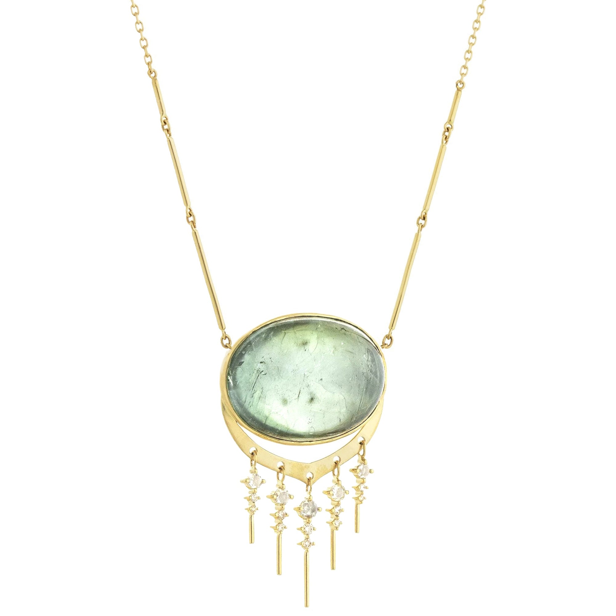 14K Gold Cabochon Oval Green Tourmaline Necklace with Diamond &quot;Fringe&quot; - Peridot Fine Jewelry - Celine Daoust