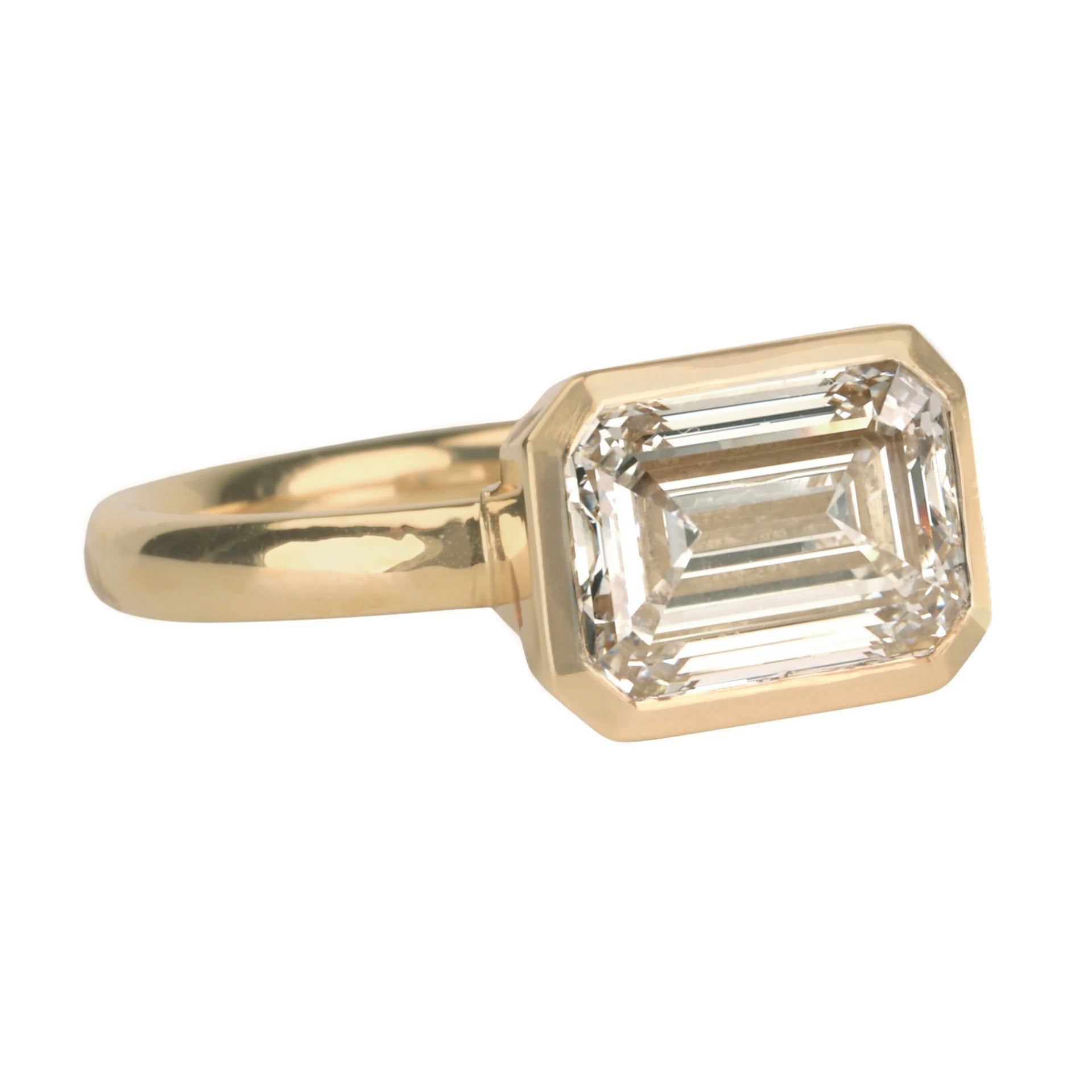 18K Gold &quot;Piper&quot; Ring with East - West Bezel - Set Lab Grown Emerald - Cut Diamond - Peridot Fine Jewelry - Anne Sportun