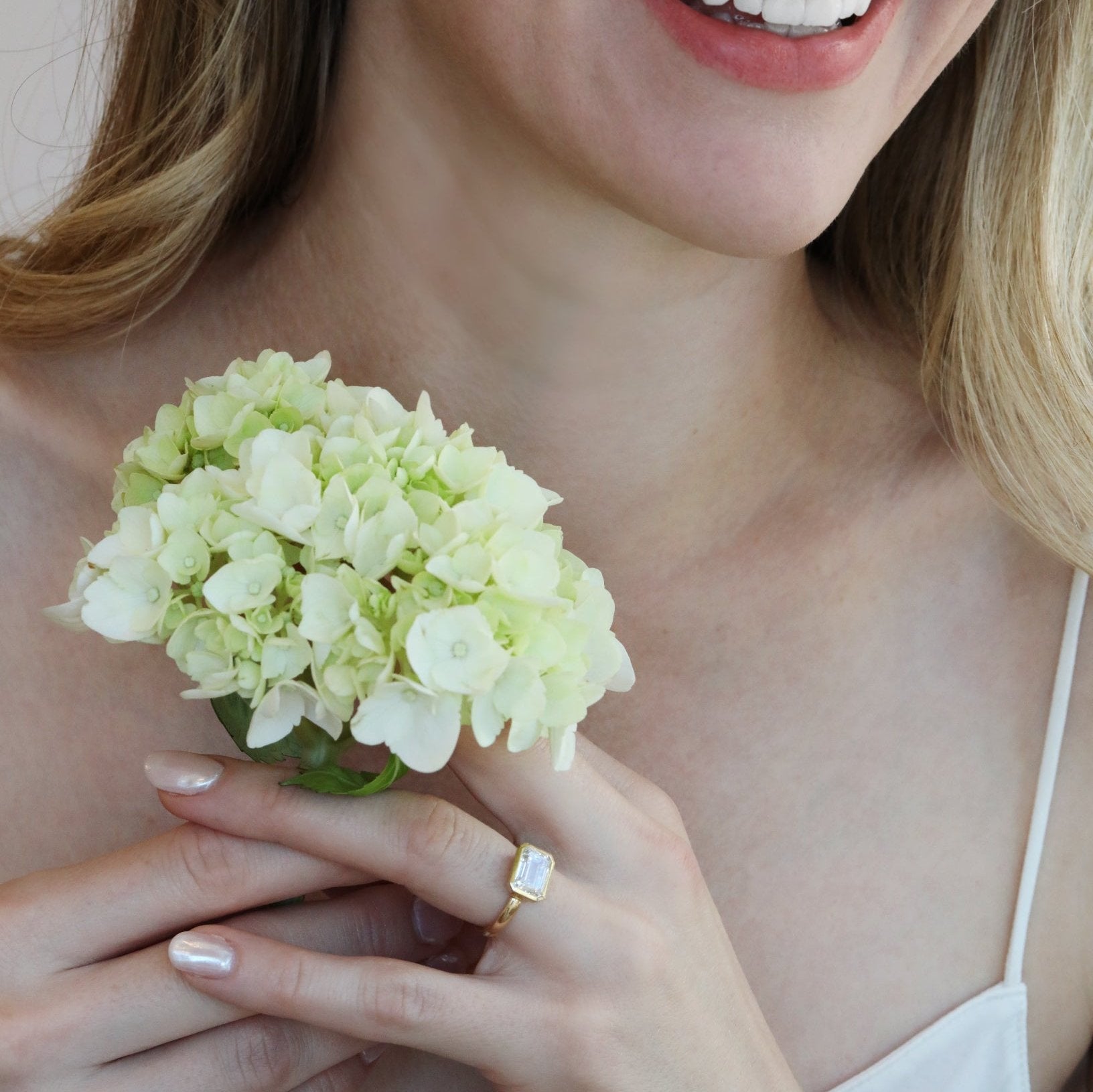 18K Gold "Piper" Ring with East - West Bezel - Set Lab Grown Emerald - Cut Diamond - Peridot Fine Jewelry - Anne Sportun