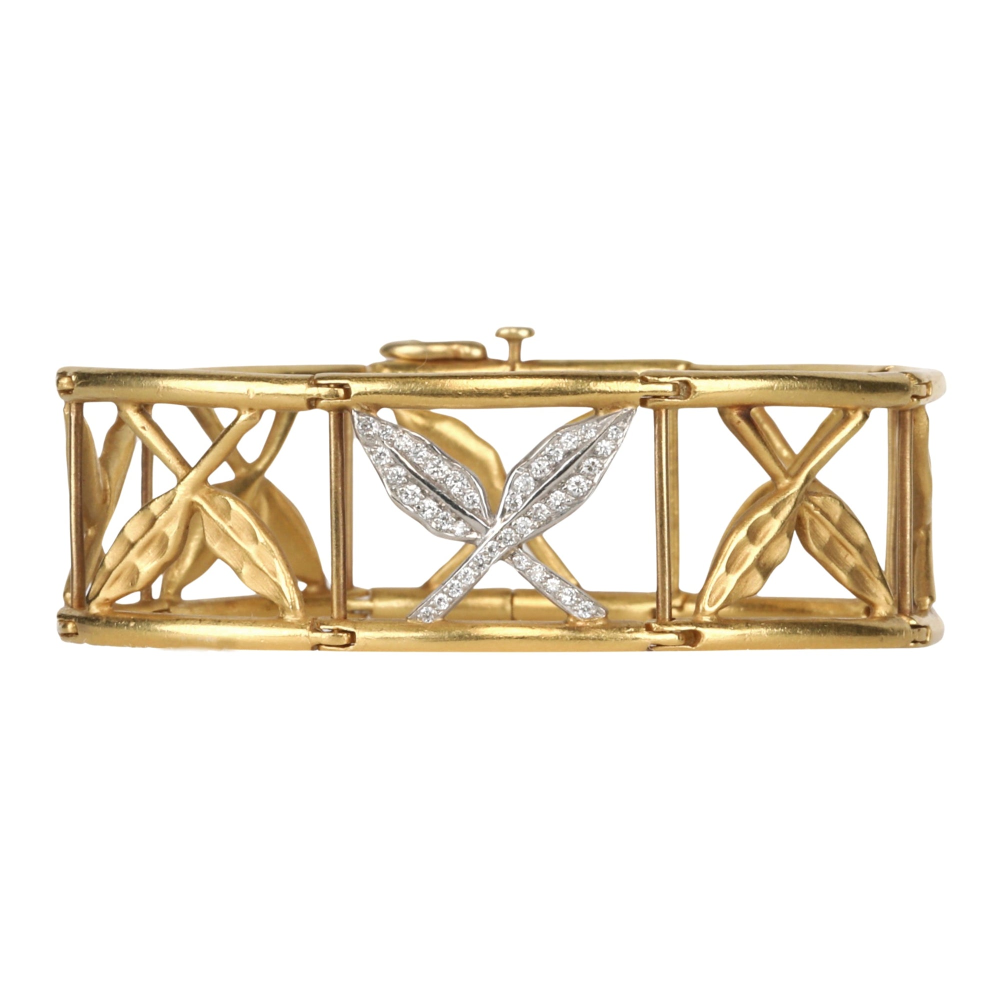 22K Gold "Crossed Leaves" Flex Bracelet with Pave Diamonds - Peridot Fine Jewelry - Cathy Waterman