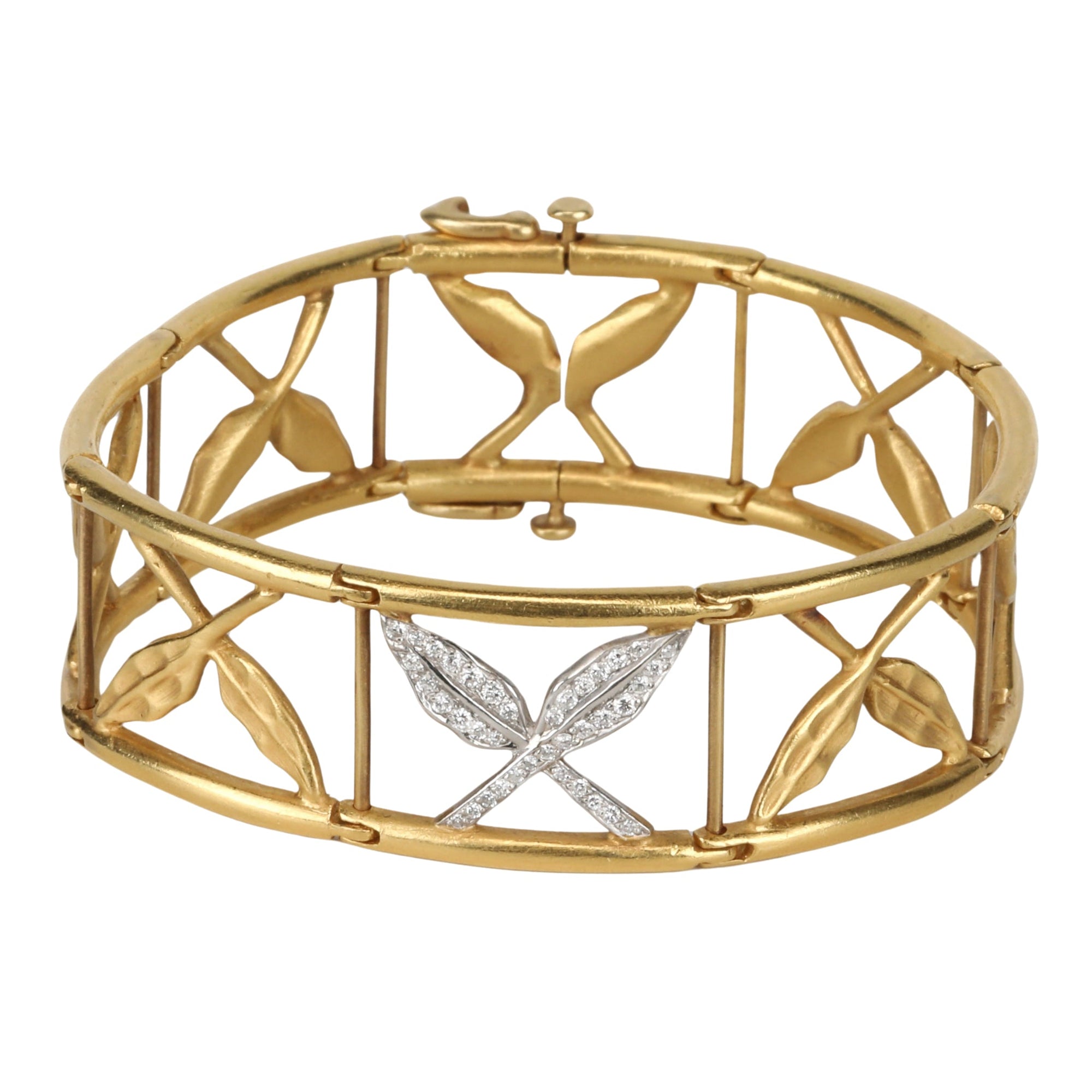 22K Gold &quot;Crossed Leaves&quot; Flex Bracelet with Pave Diamonds - Peridot Fine Jewelry - Cathy Waterman