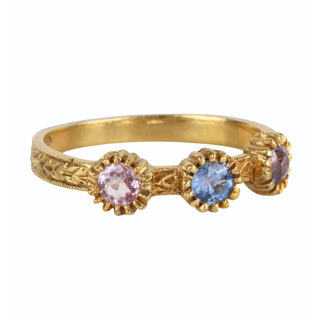 22K Gold Engraved Triple Bezel - Set Multicolor Sapphire Ring - Peridot Fine Jewelry - Cathy Waterman