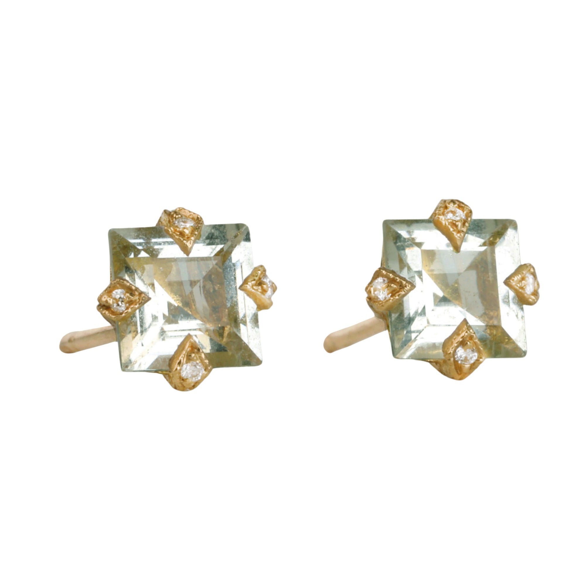 22K Gold Prong - Set Square Green Amethyst "Thorn" Post Earrings - Peridot Fine Jewelry - Cathy Waterman