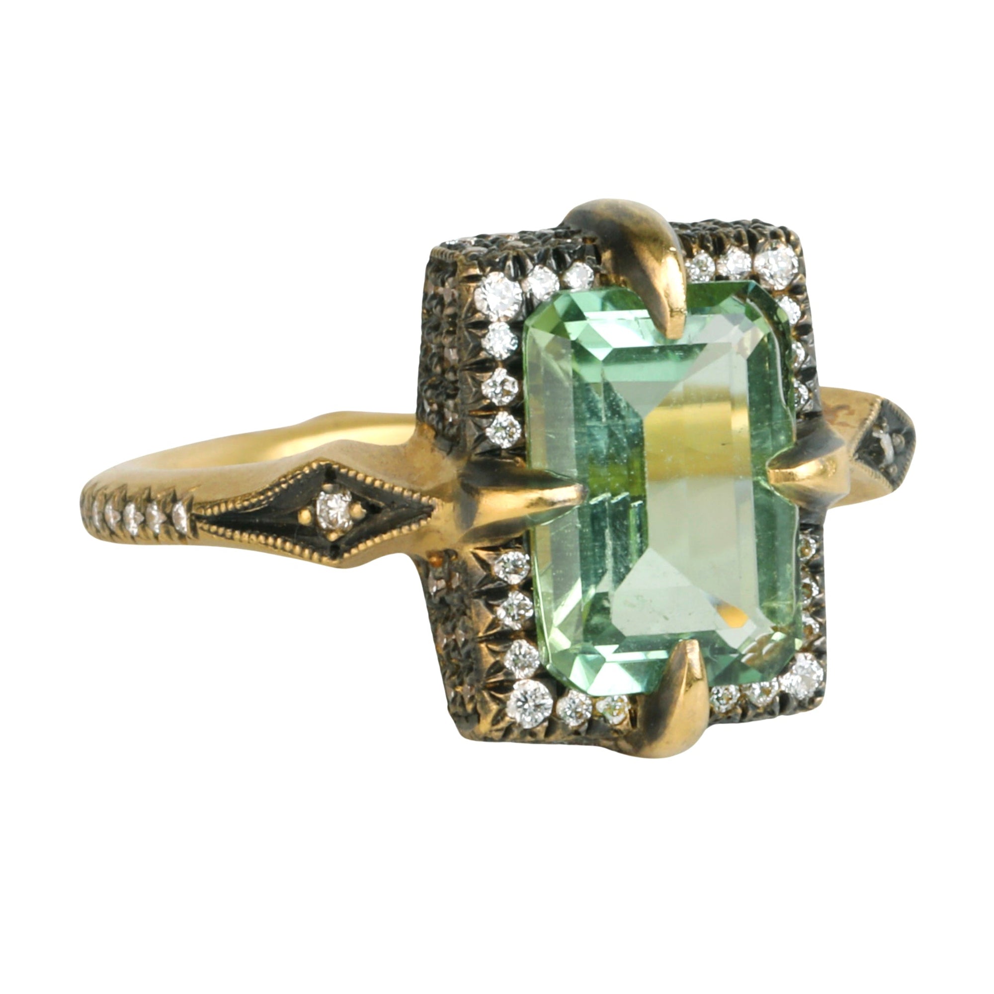 Blackened 22K Gold & Diamond "Venus" Ring with Faceted Mint Green Tourmaline - Peridot Fine Jewelry - Cathy Waterman