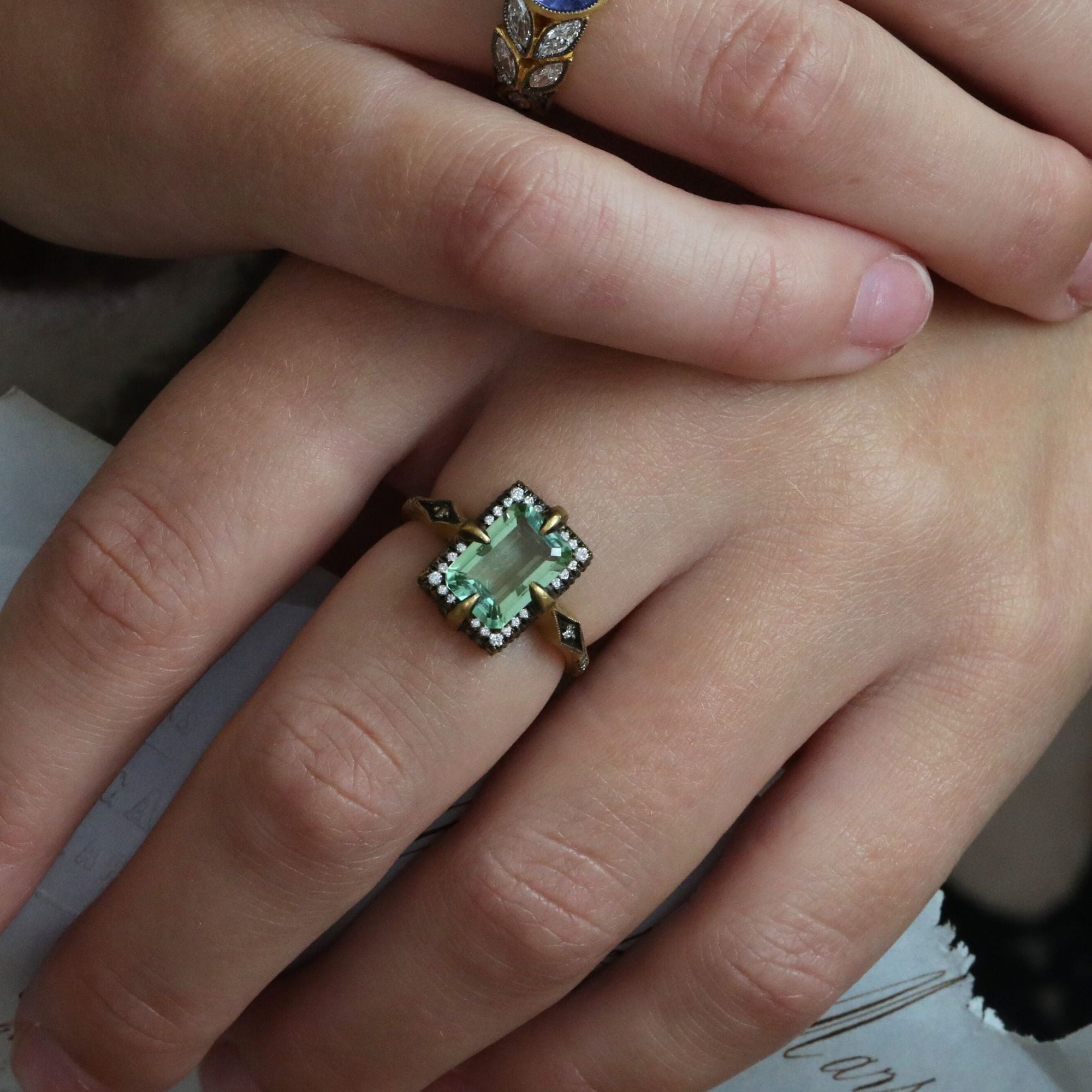 Blackened 22K Gold & Diamond "Venus" Ring with Faceted Mint Green Tourmaline - Peridot Fine Jewelry - Cathy Waterman