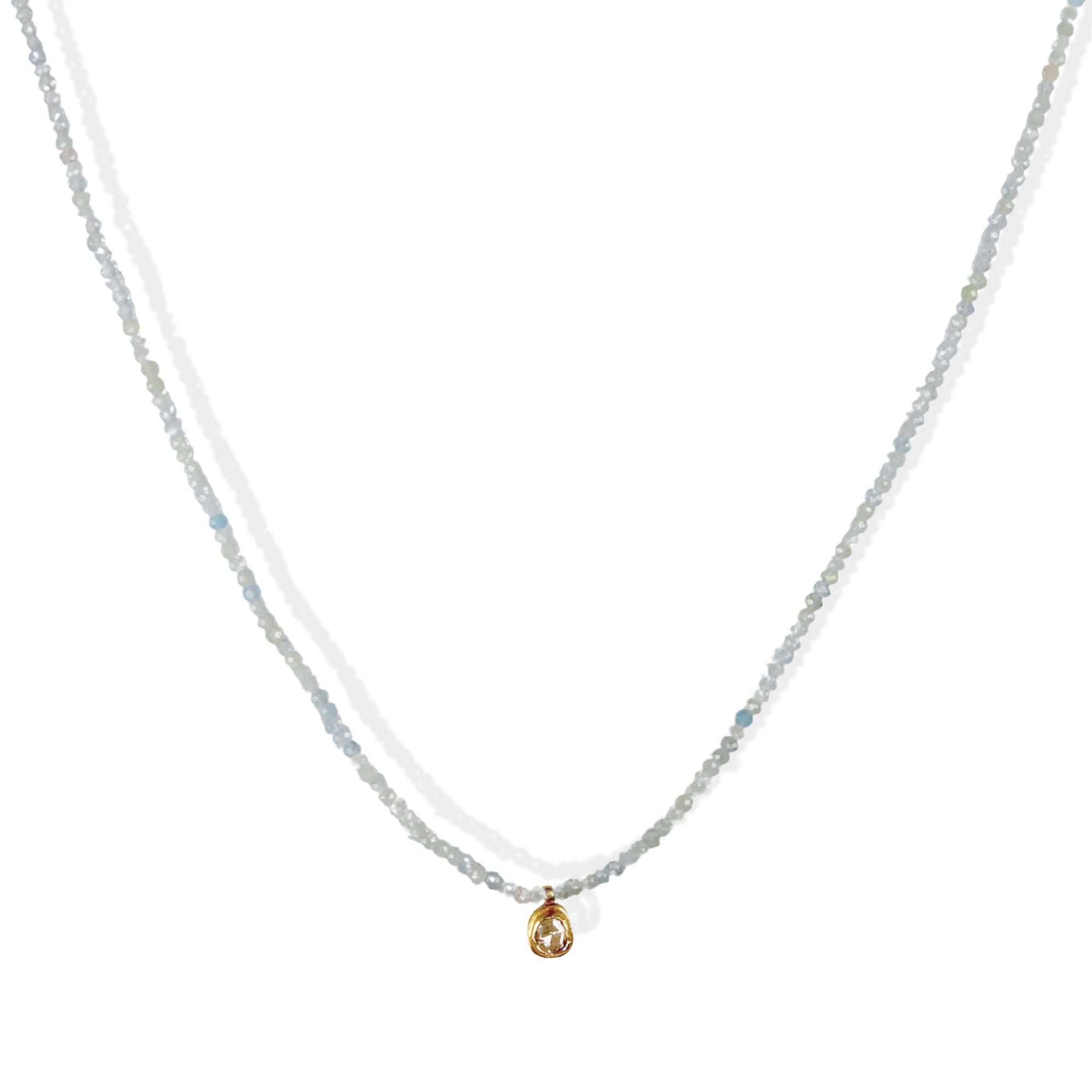 Faceted Aquamarine Beaded Necklace with 18K Gold Bezel - Set Cognac Diamond - Peridot Fine Jewelry - Margaret Solow Jewelry