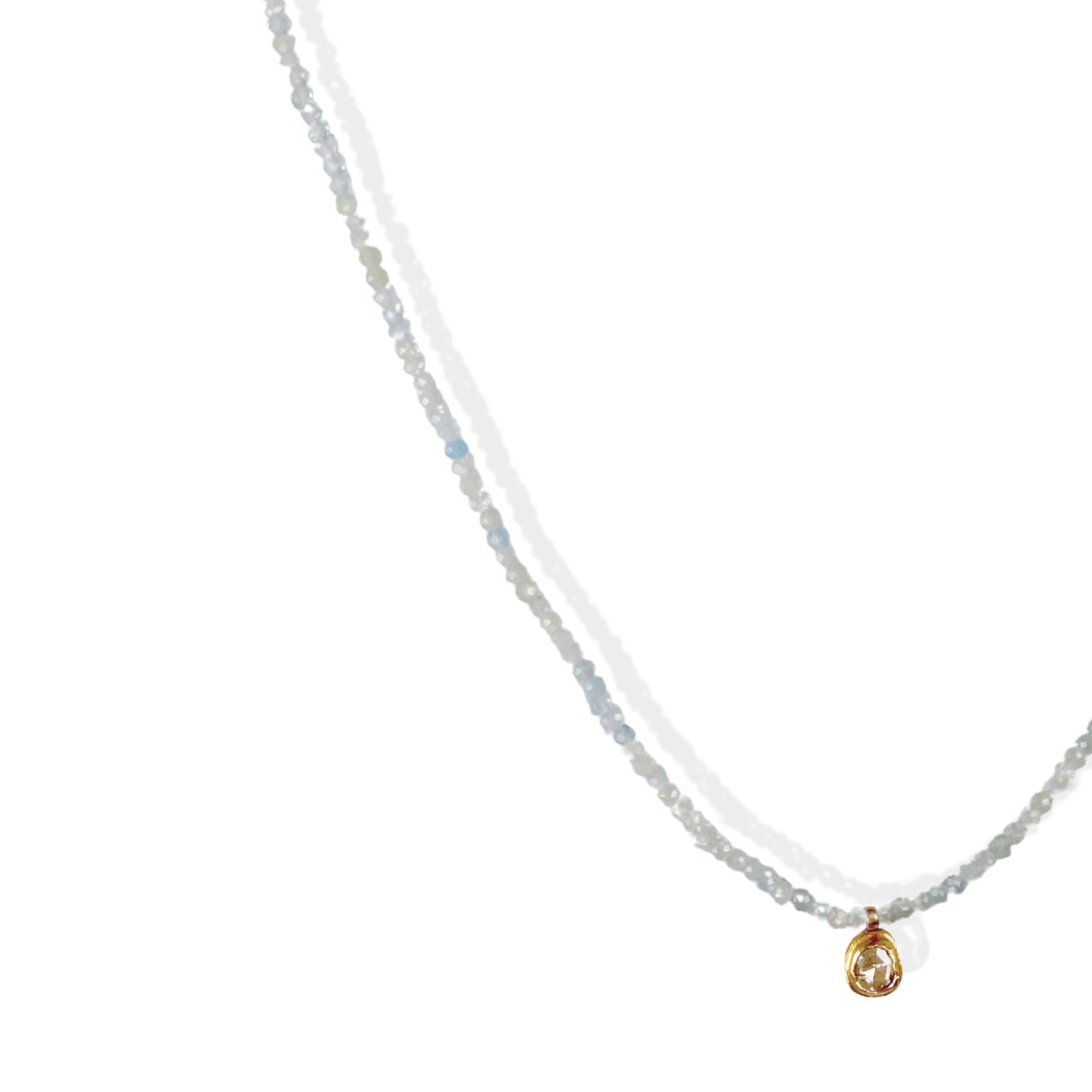 Faceted Aquamarine Beaded Necklace with 18K Gold Bezel - Set Cognac Diamond - Peridot Fine Jewelry - Margaret Solow Jewelry