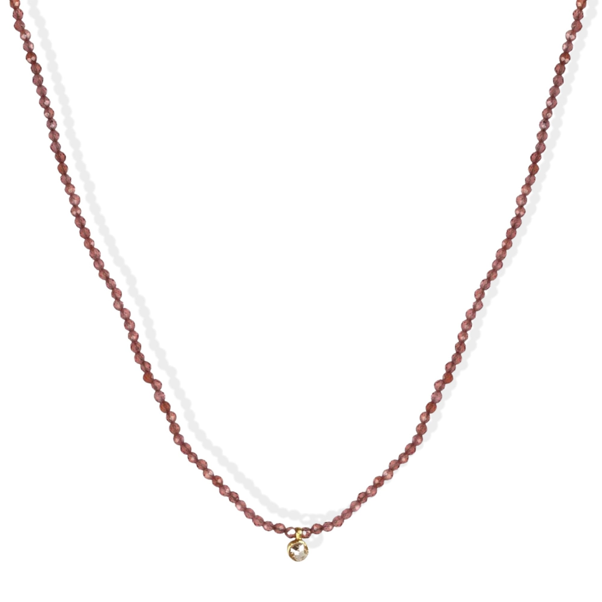 Faceted Garnet Beaded Necklace with 18K Gold Bezel - Set Cognac Diamond - Peridot Fine Jewelry - Margaret Solow Jewelry