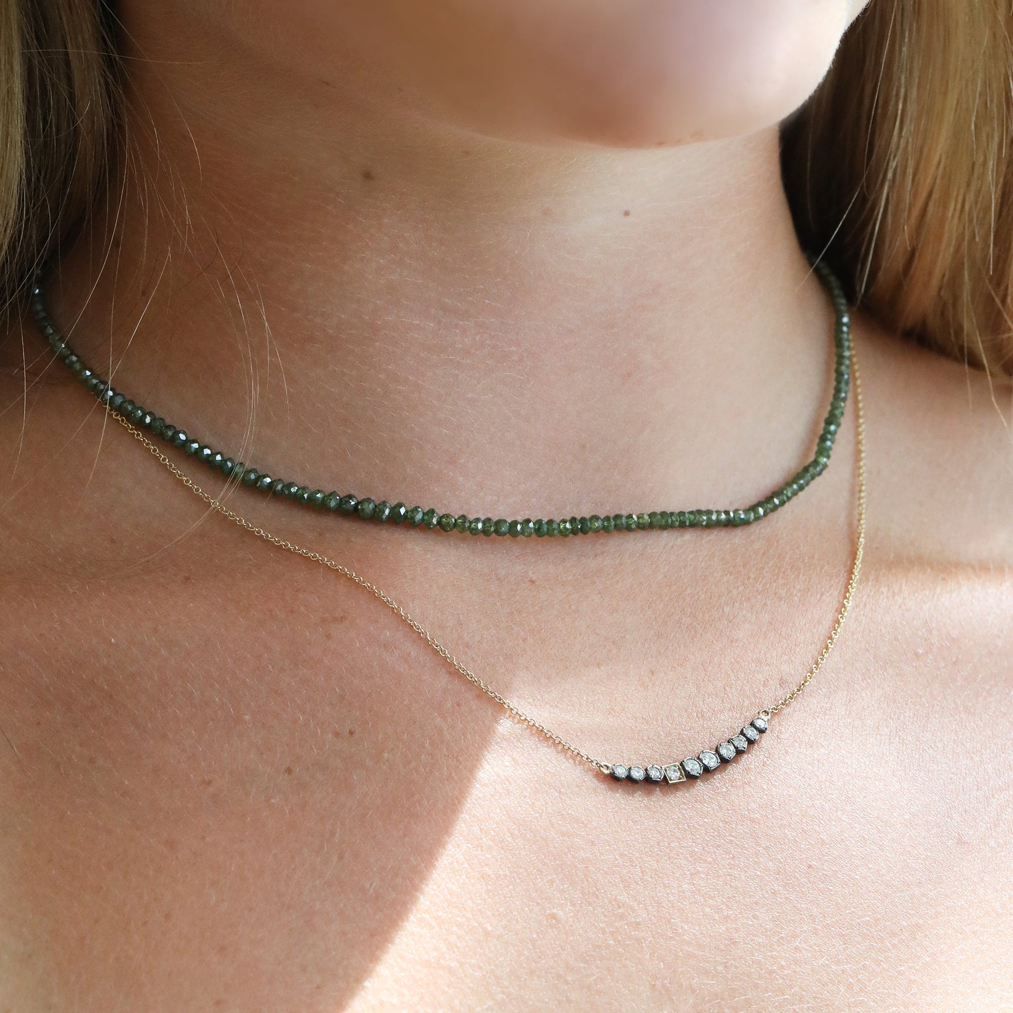 Faceted Juniper Leaf Green Diamond Beaded Necklace - Peridot Fine Jewelry - Zahava