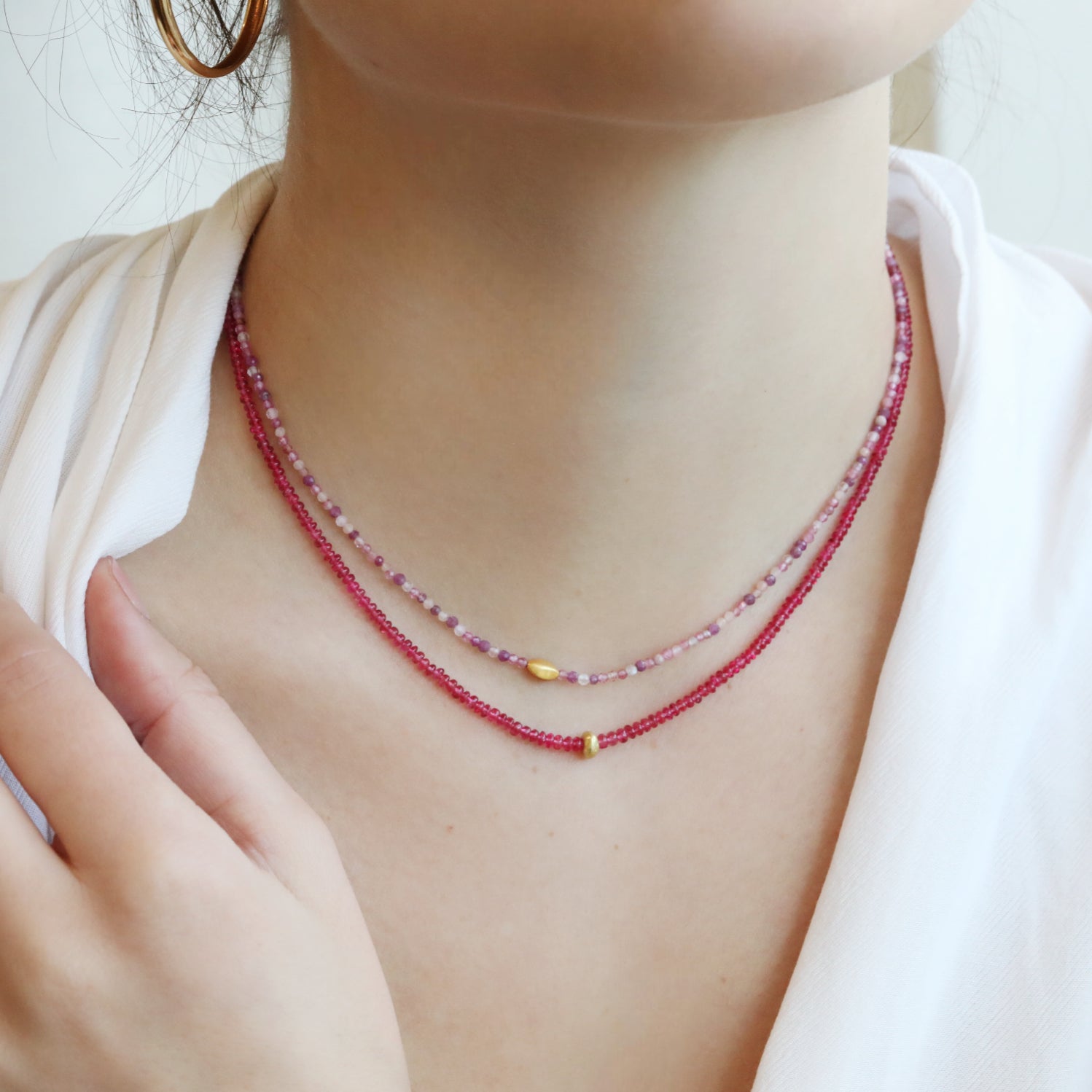 Faceted Pink Tourmaline Beaded Necklace with 18K Gold Bead - Peridot Fine Jewelry - Margaret Solow Jewelry