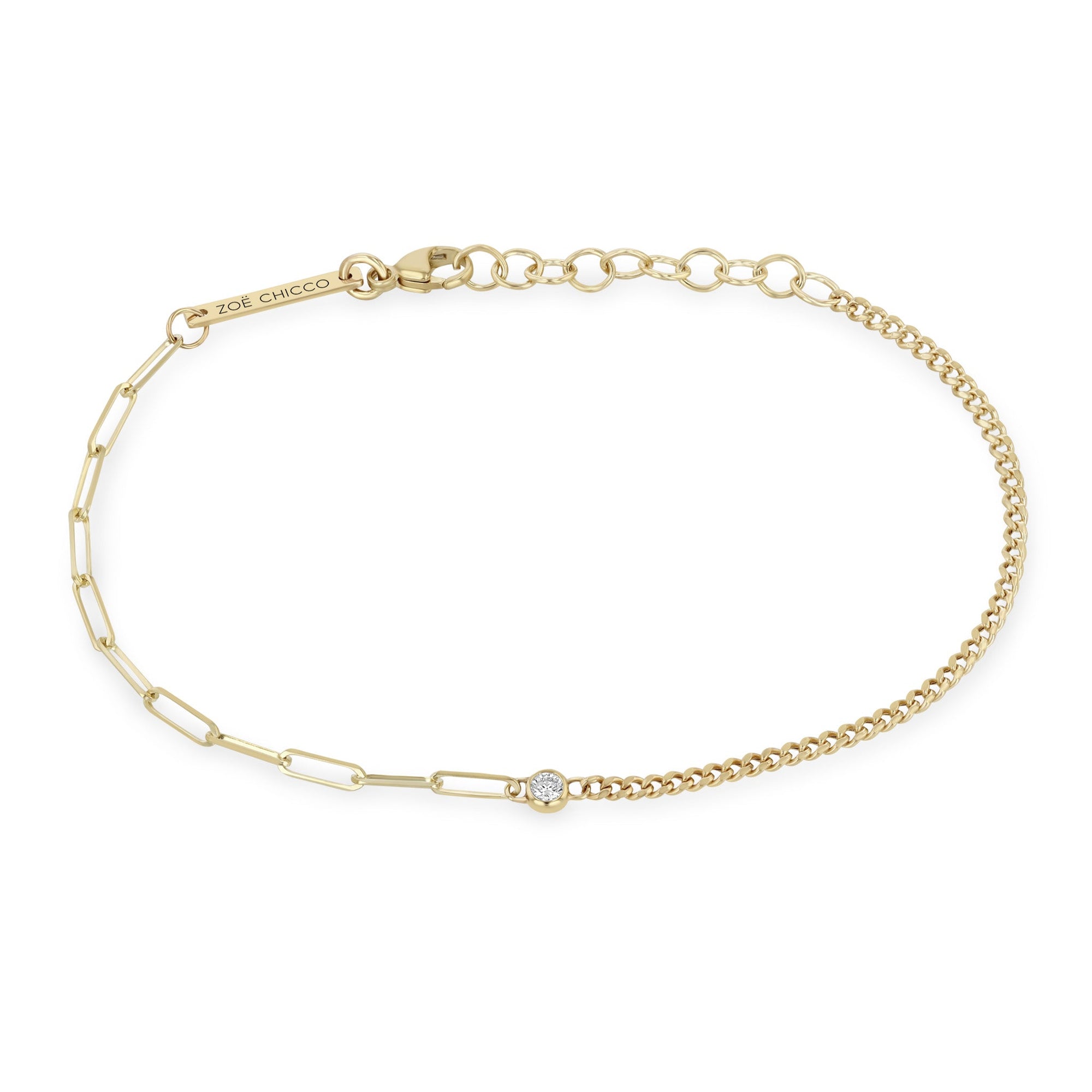 Gold Mixed Paperclip &amp; Curb Chain Bracelet with Diamond - Peridot Fine Jewelry - Zoe Chicco