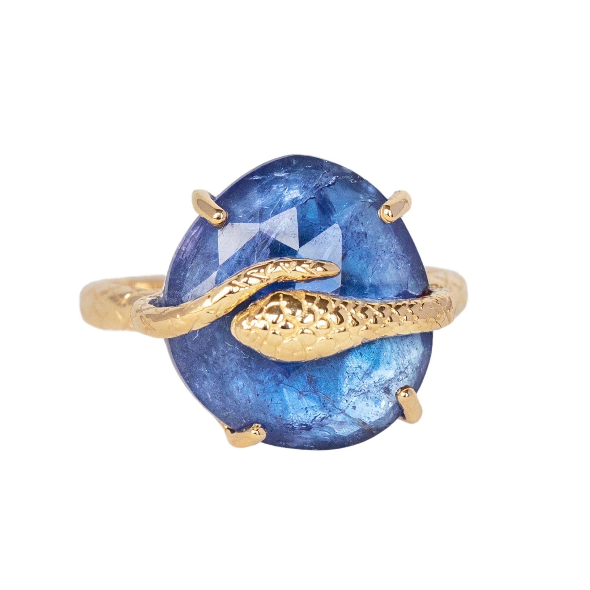 Gold &quot;Snake&quot; Ring with Prong - Set Rose - Cut Asymmetrical Tanzanite - Peridot Fine Jewelry - Celine Daoust