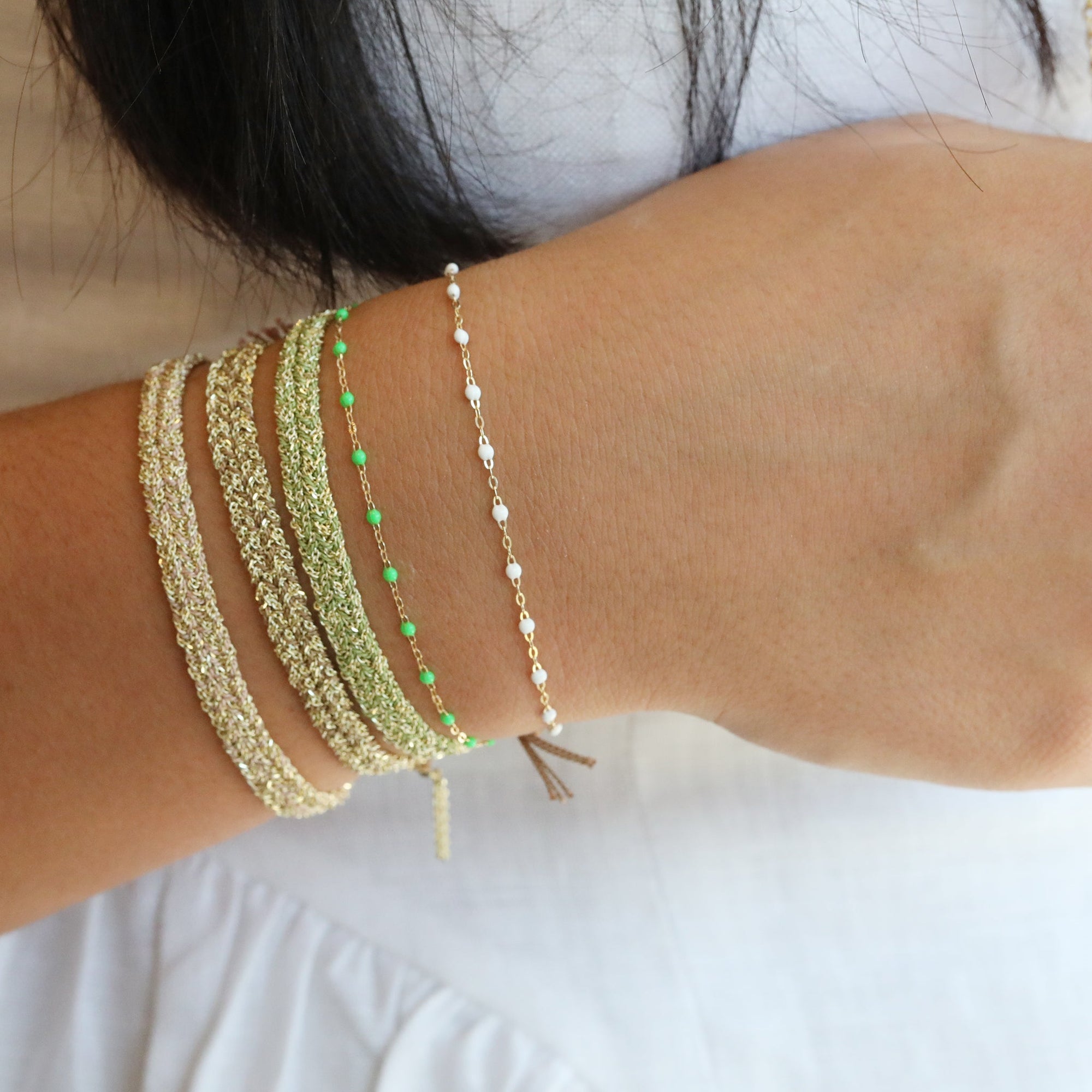 Gold Vermeil Chain and Jade Silk Woven Bracelet - Peridot Fine Jewelry - Marie Laure Chamorel