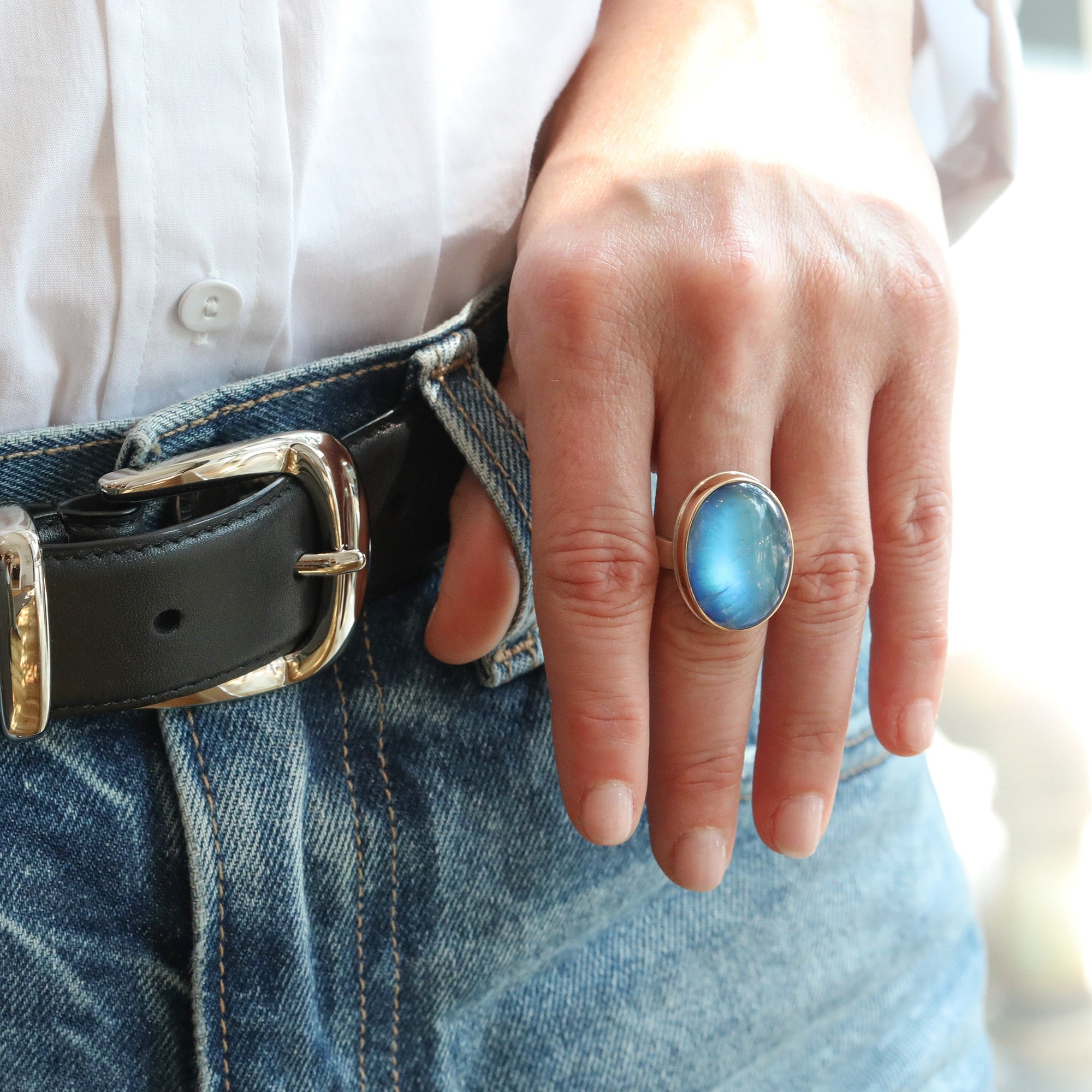 Large Smooth Oval Rainbow Moonstone Ring - Peridot Fine Jewelry - Jamie Joseph