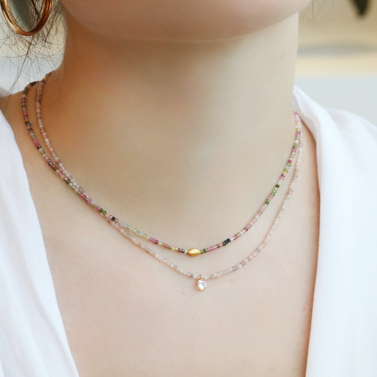 Mixed Tourmaline Beaded Necklace with 18K Gold Bead - Peridot Fine Jewelry - Margaret Solow Jewelry