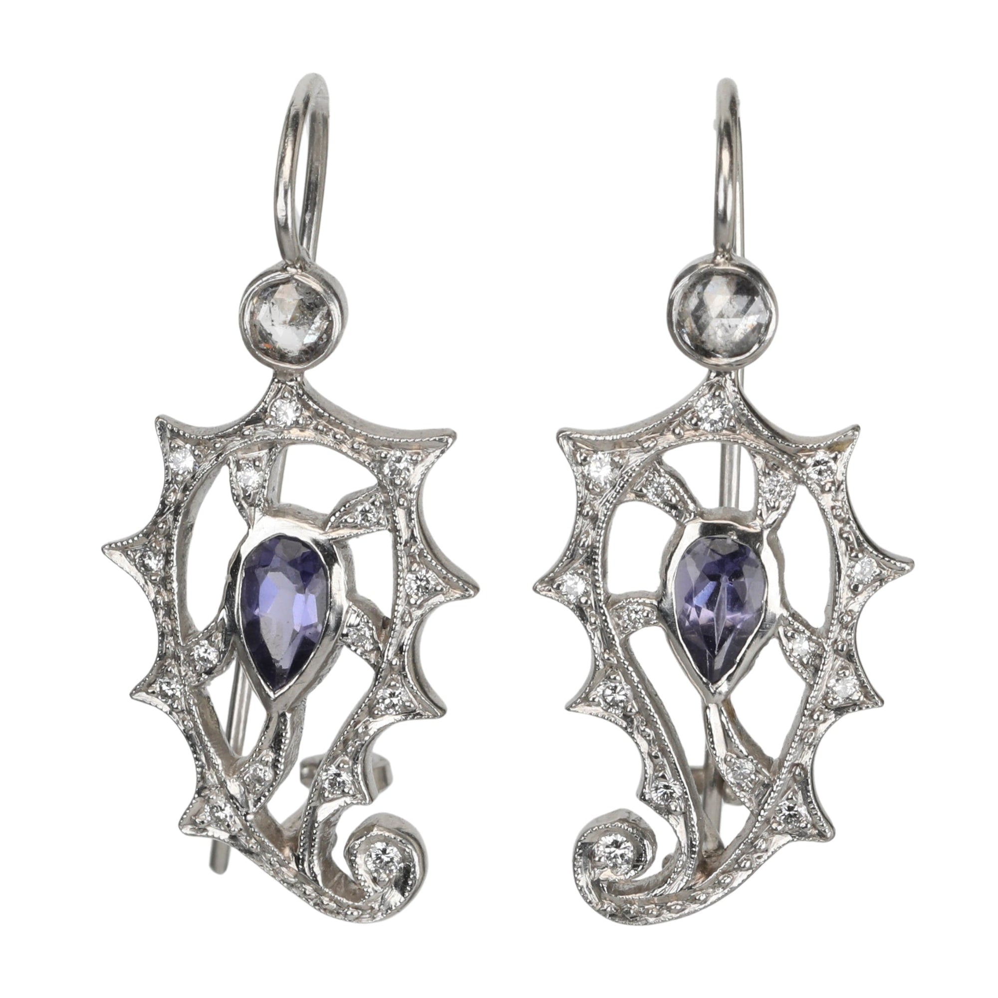 Platinum & Diamond "Paisley" Earrings with Center Pear - Shaped Iolites - Peridot Fine Jewelry - Cathy Waterman