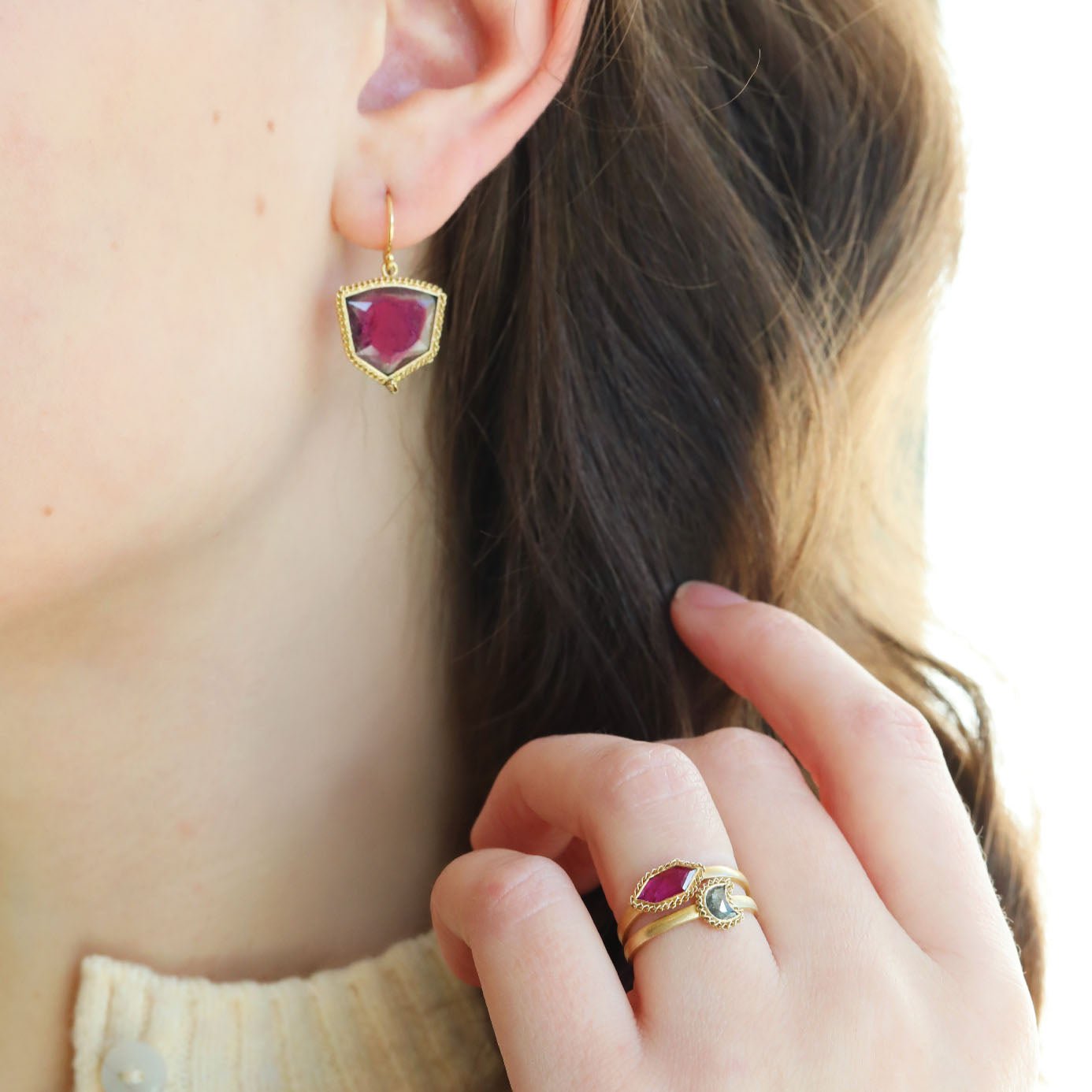 Shield - Shaped Watermelon Tourmaline Drop Earrings - Peridot Fine Jewelry - Trielle Fine Jewelry