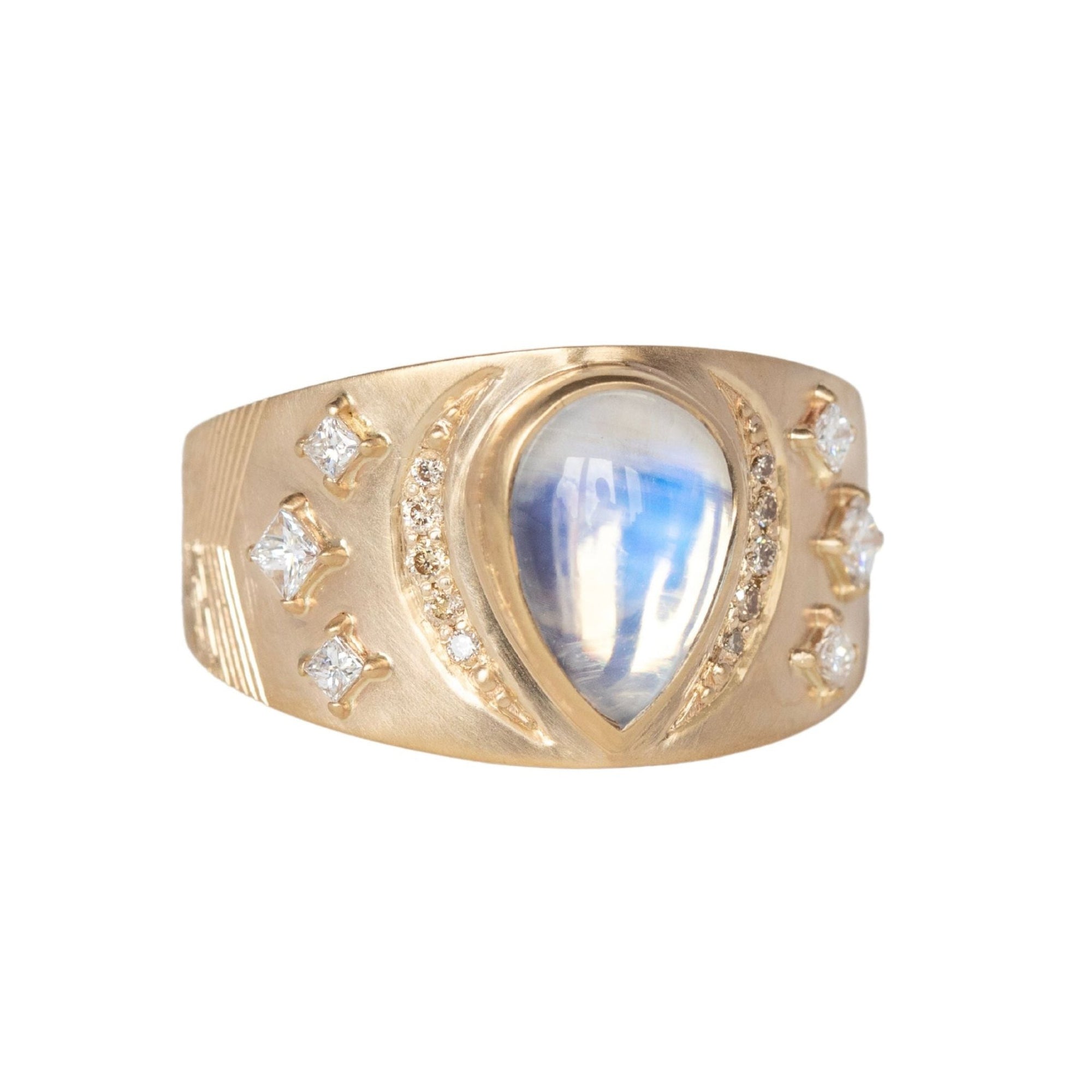 Wide Tapered Shield Ring with Center Pear - Shaped Moonstone & Diamond Details - Peridot Fine Jewelry - Celine Daoust