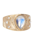 Wide Tapered Shield Ring with Center Pear - Shaped Moonstone & Diamond Details - Peridot Fine Jewelry - Celine Daoust