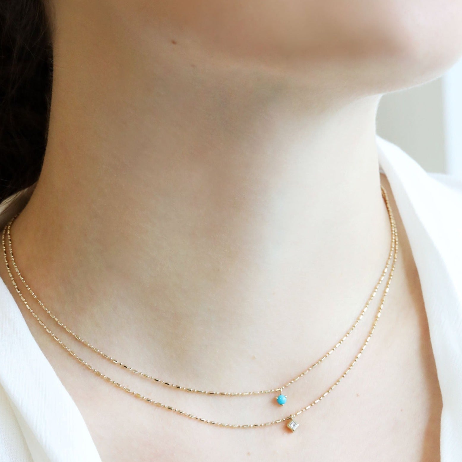 14K Gold Bar Chain Neckace with Single Prong-Set Turquoise Drop - Peridot Fine Jewelry - Zoe Chicco