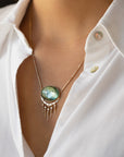 14K Gold Cabochon Oval Green Tourmaline Necklace with Diamond "Fringe" - Peridot Fine Jewelry - Celine Daoust