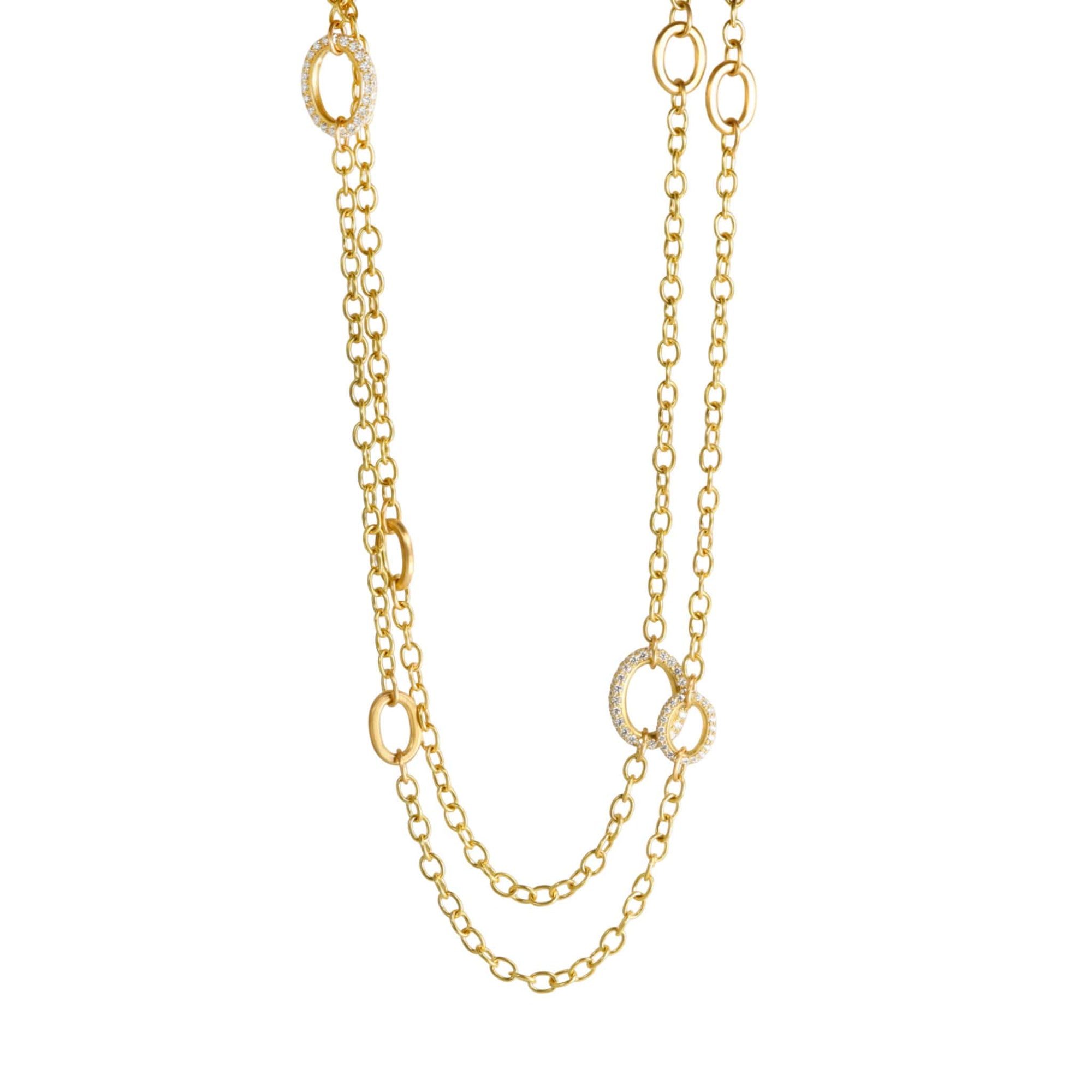 20K Gold Handmade Chain Station Necklace with 8 Varied Gold and Pave Diamond Links - Peridot Fine Jewelry - Caroline Ellen