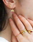 20K Gold Laurel Earrings with Three Dangling Ruby Stones - Peridot Fine Jewelry - Caroline Ellen