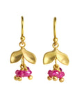 Caroline Ellen 20K Gold Laurel Earrings with Three Dangling Ruby Stones