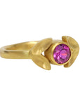 Caroline Ellen Gold "Laurel" Ring with Bezel-Set Pink Sapphire Center