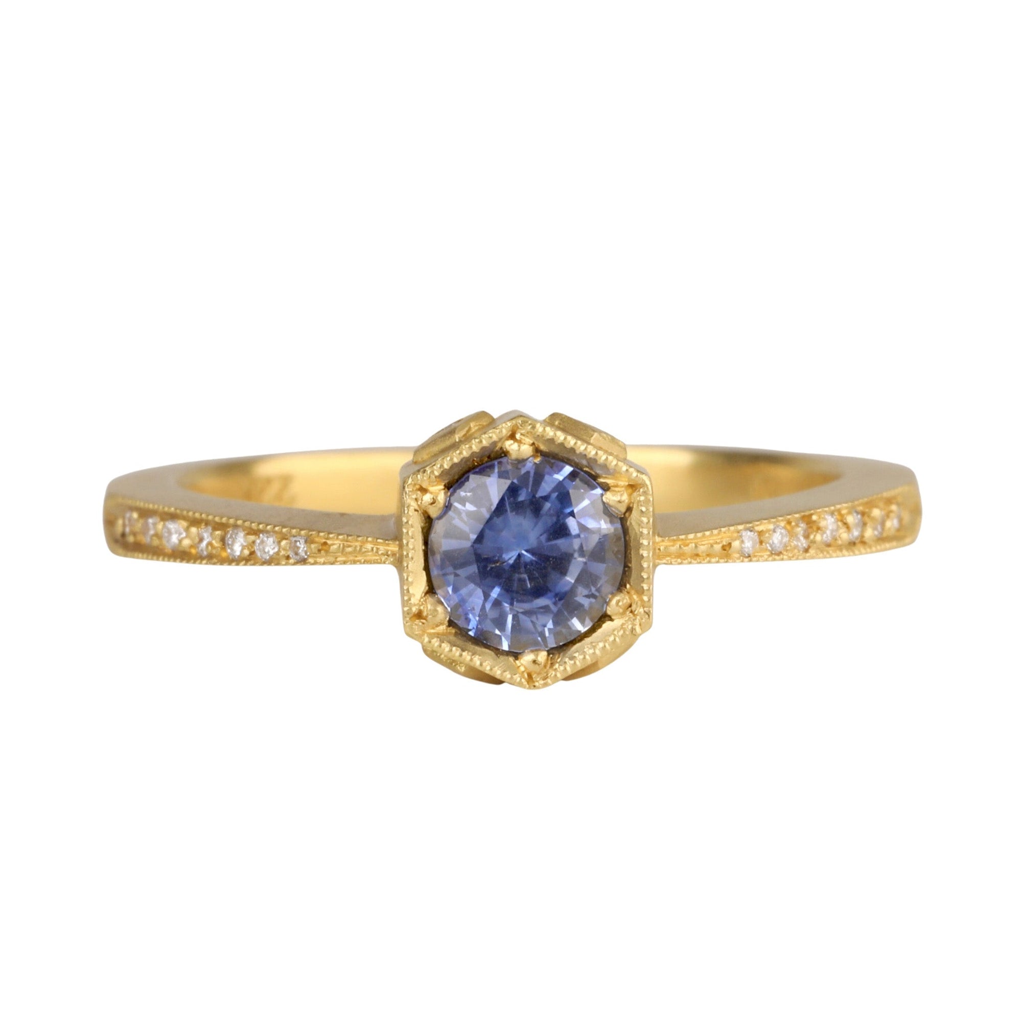 22K Gold Hexagonal Bezel-Set Blue Sapphire Ring with Diamonds - Peridot Fine Jewelry - Cathy Waterman