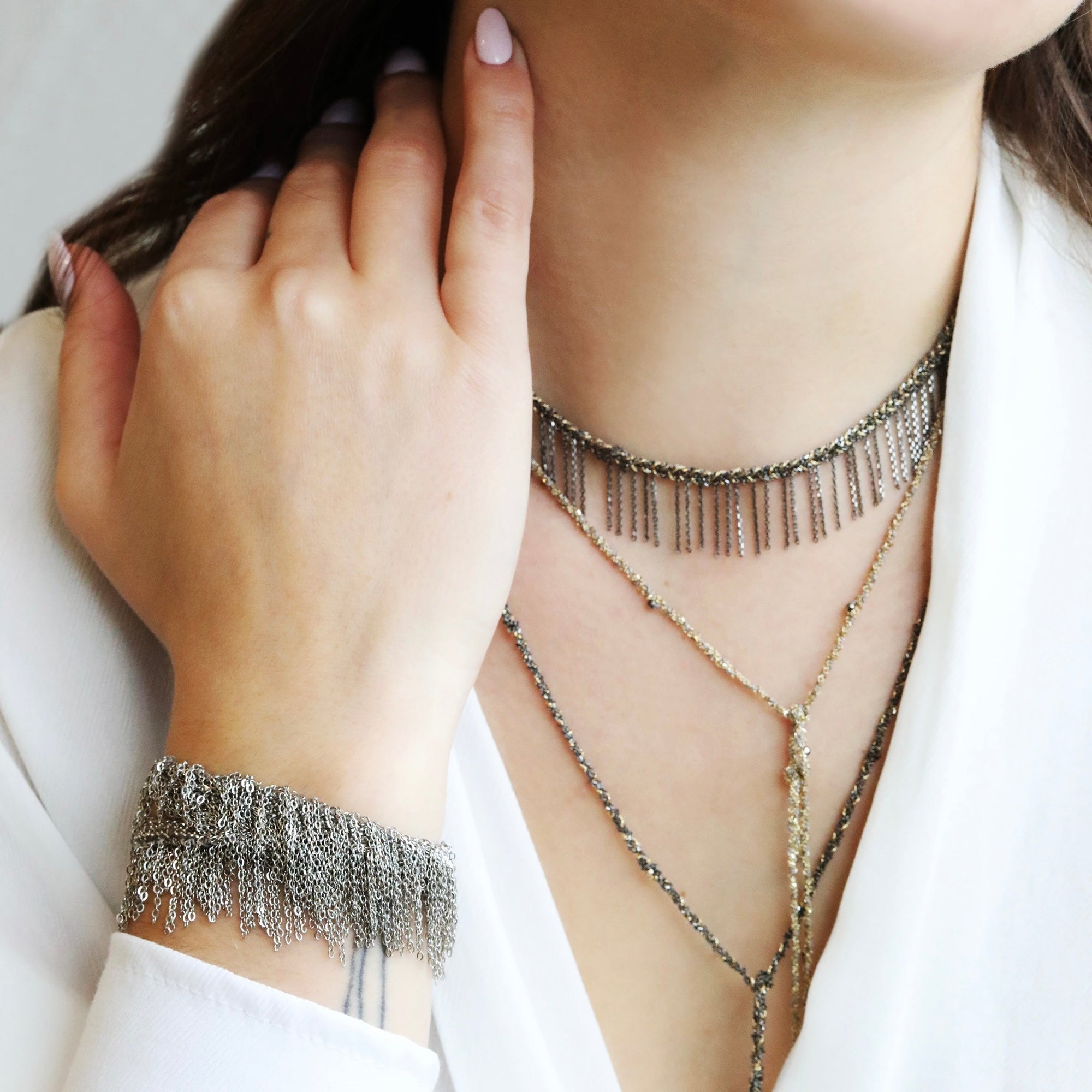 Grey Thread &amp; White Bronze Woven &quot;Fringe&quot; Bracelet - Peridot Fine Jewelry - Marie Laure Chamorel