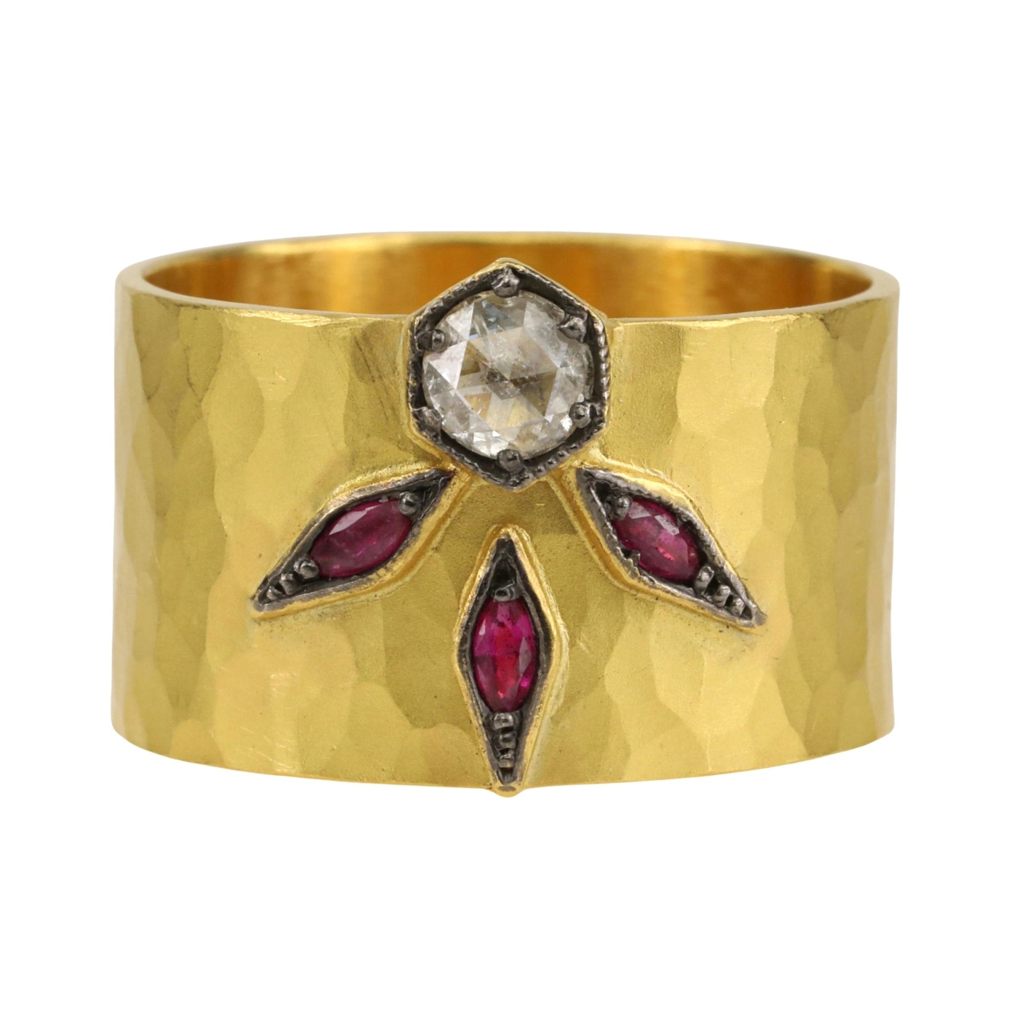 18K Wide Hammered Ring Ruby Recycled Gold - MNOP Jewelry