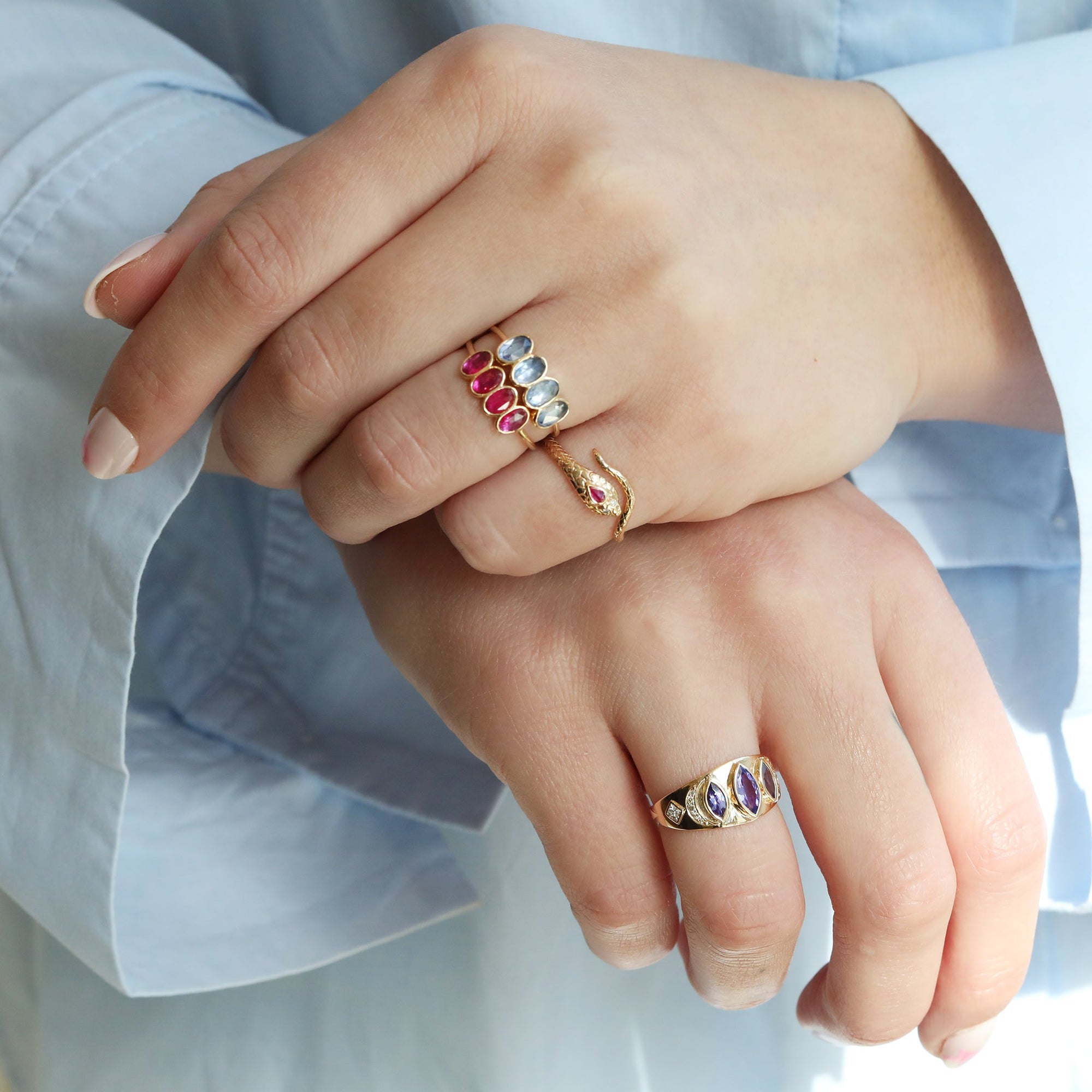 Triple Marquise Tanzanite &quot;Plate&quot; Ring with Diamond Details - Peridot Fine Jewelry - Celine Daoust